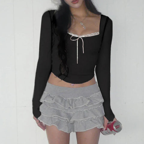Voguable  Y2K Lace Ribbons Lace-up Bow Cropped Top Pink Cute Casual Basic Irregular Knitted Tops Coquette Aesthetic Slim-fit Tees