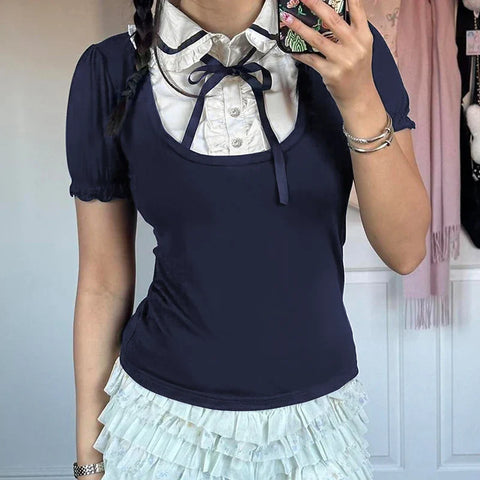 Voguable Preppy Style Contrast Patchwork Bow Peter Pan Collar Top Cute Puff Sleeve T-shirt Y2K