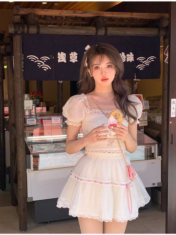 Voguable Sweet Square Neck 2 Piece Dress Set Short Sleeve Y2k Crop Tops + Casual Mini Skirt Korean FeSuit