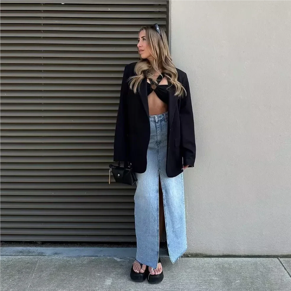 Fall Midi skirts vintage clothes y2k korean style skirts for blue jeans skirt high waisted denim skirt black front slit