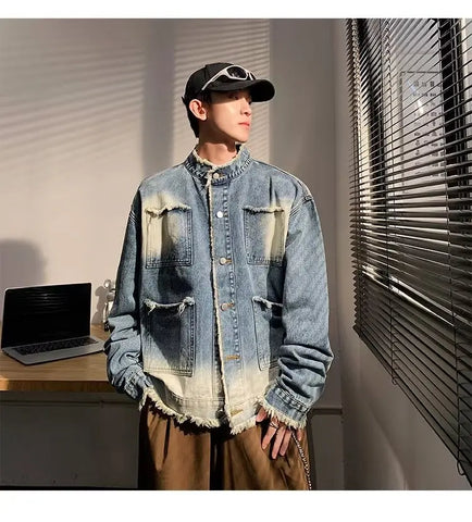 American Short Cowboy Jackets Outwear High Street Raw Edge Design Denim Jacket Man Woman Hip Hop Retro Wash Cargo Coats y2k