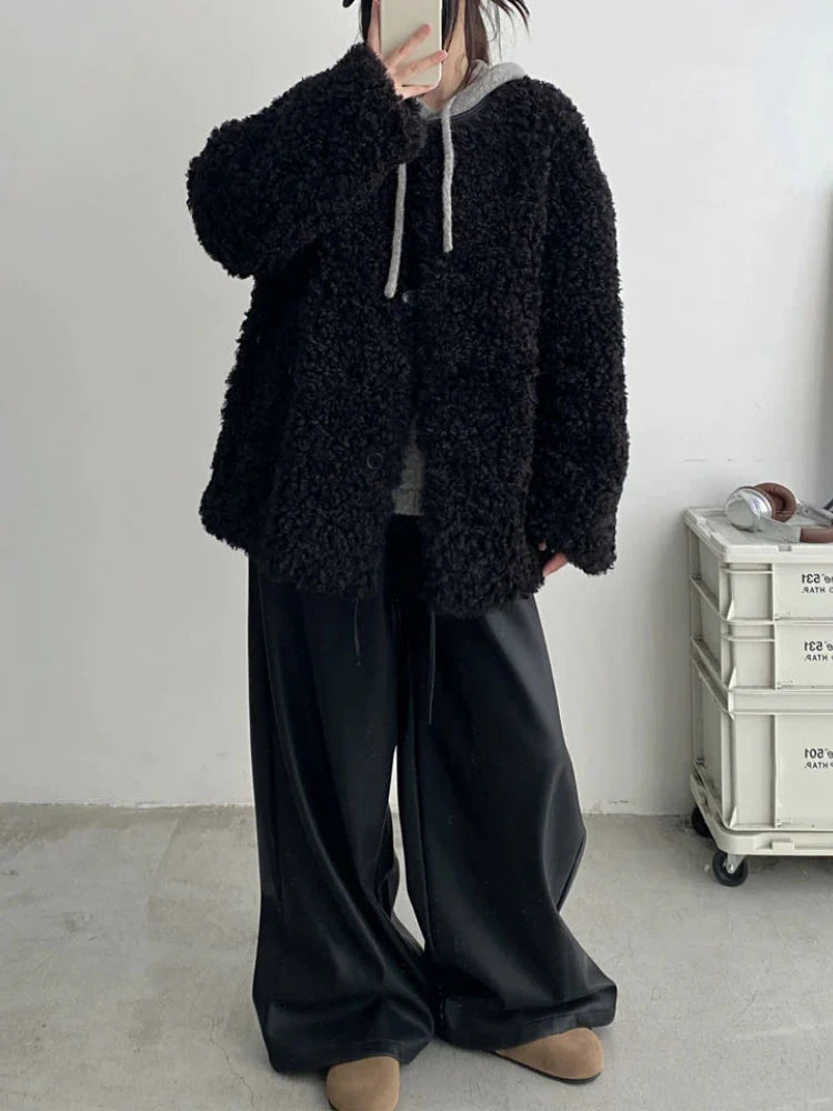Black Pu Leather Pants Y2K Korean Elegant Drawstring Wide Leg Trousers High Waist Oversized Streetwear Trousers