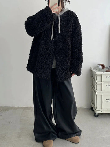 Black Pu Leather Pants Y2K Korean Elegant Drawstring Wide Leg Trousers High Waist Oversized Streetwear Trousers