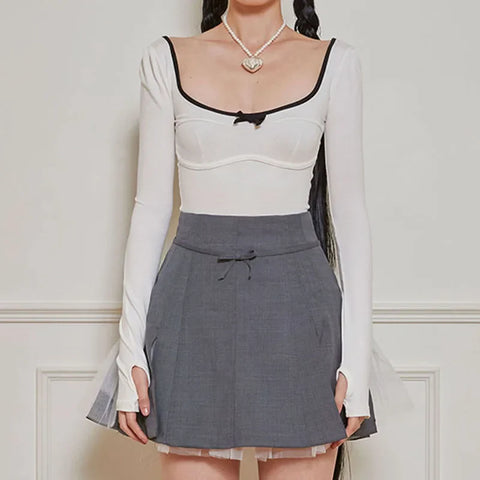 Voguable  Sweet Bow Contrast Patchwork Cropped Top Backless V-neck Slim-fit T-shirts Coquette Y2K Knitted Tees Women