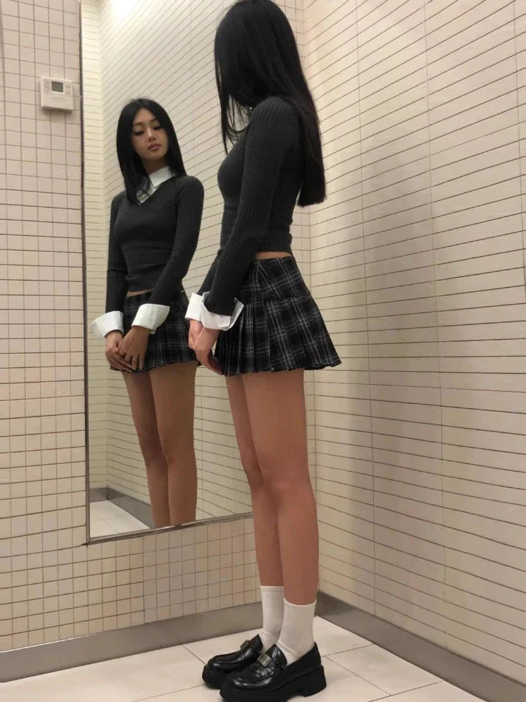 Vintage Y2K Plaid Mini Skirt Preppy Style Low Waist Slim A-line Side Split Retro Pleated Skirt Streetwear