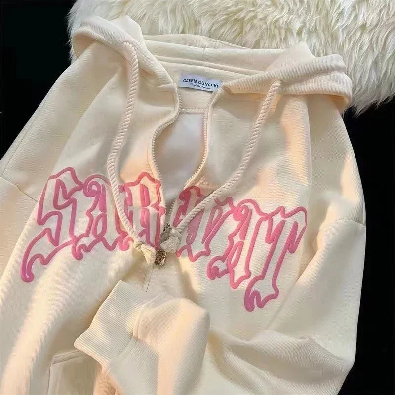 Y2K Letter Embroidered Hoodie Winter Vintage Zip Up Oversized Sweatshirt Harajuku Long Sleeve Hooded Jacket Clothes