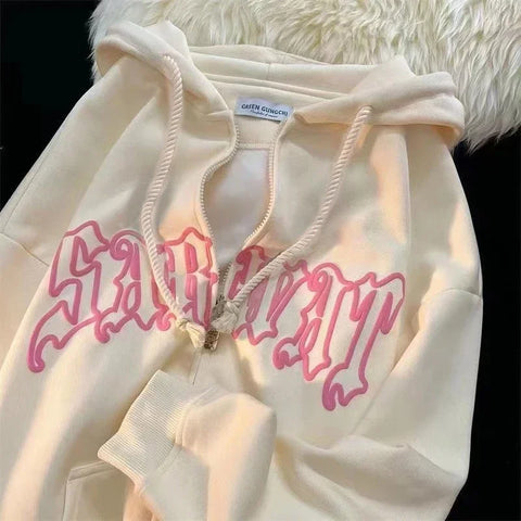 Y2K Letter Embroidered Hoodie Winter Vintage Zip Up Oversized Sweatshirt Harajuku Long Sleeve Hooded Jacket Clothes