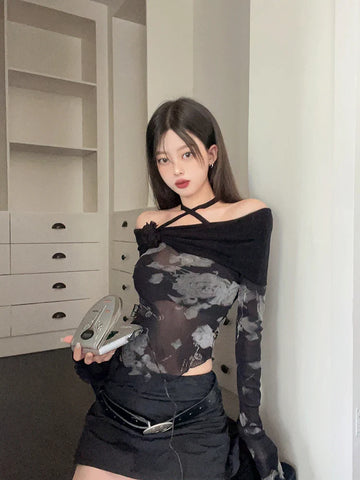 Voguable Harajuku Retro Tie Dye Mesh Tops Flare Sleeve Lace Up T Shirt Y2k Vintage Crop Tops Streetwear Japanese 2000s E Girls Top