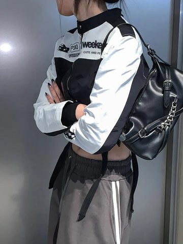 Voguable Cropped Jackets for Cool Biker Style Streetwear Zipper Up Short Coat Y2K Long Sleeve Outerwear