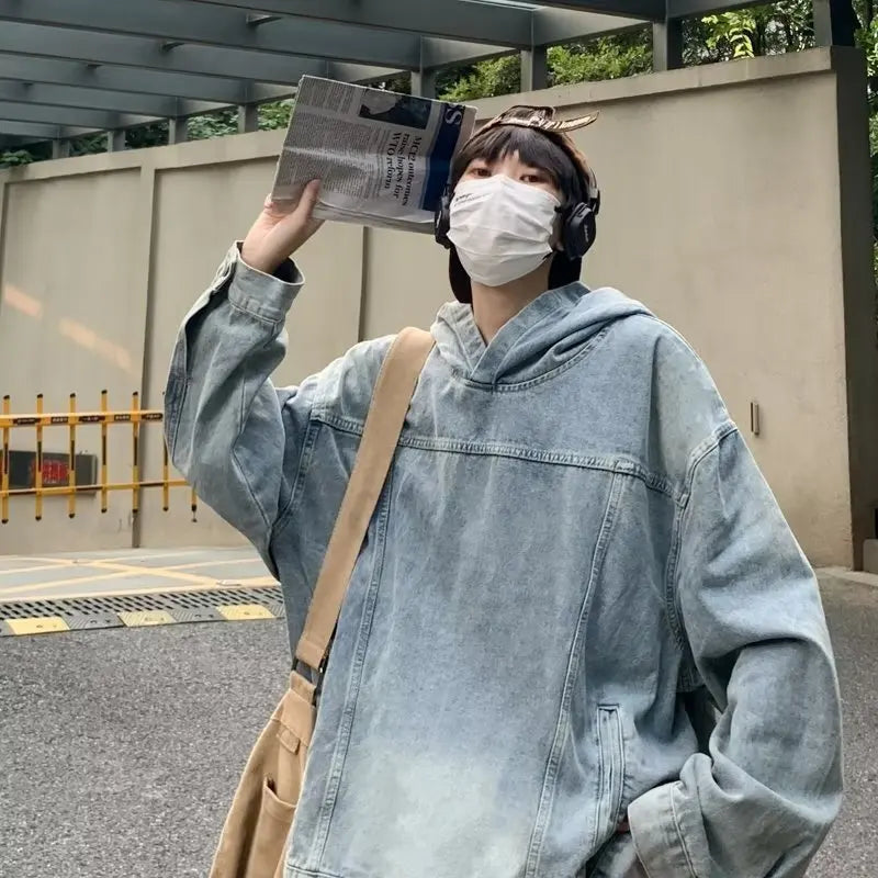American Washed Retro Denim Hoodie Design Sense Hooded Y2k Harajuku And Winter Trend Heavy Oversize Coat