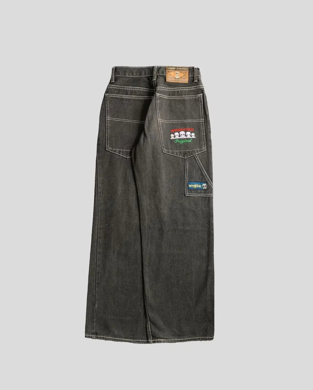 Vintage Raw Edge Embroidery Denim Pants Streetwear Distressed Patchwork Baggy Jeans for Y2k Straight Wide Leg Trousers