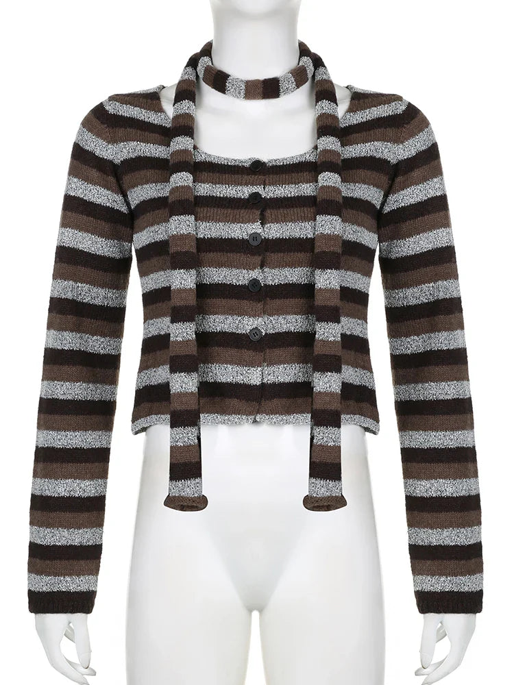 Casual Furry Striped T Shirt With Scarf Winter Y2K Slim O-Neck Long Sleeve Tees Cardigans Streetwear