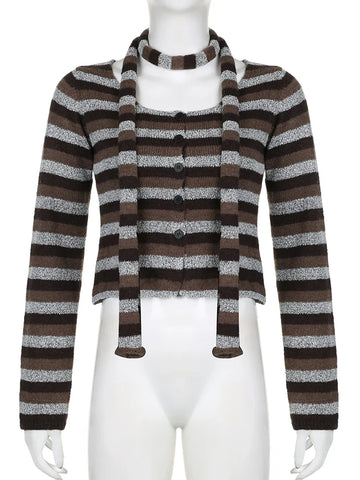 Casual Furry Striped T Shirt With Scarf Winter Y2K Slim O-Neck Long Sleeve Tees Cardigans Streetwear