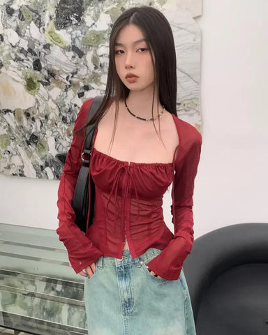 Voguable Burgundy Mesh Tops Long Sleeve Lace Up Square Collar T Shirt Crop Top Grunge Y2k  Chic Tops Streetwear
