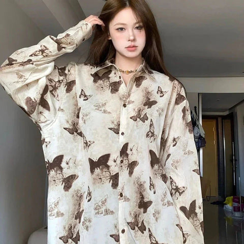Vintage Harajuku Butterfly Print Shirt Y2K Oversized Single Breasted FeShirt Streetwear Turn Down Collar Blouse Mujer