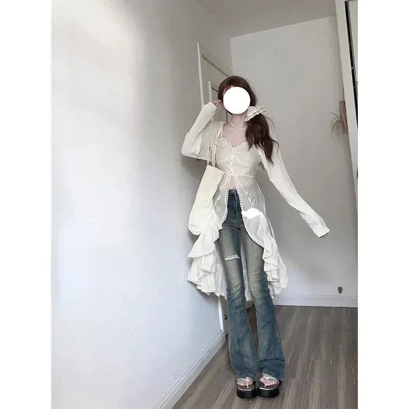 Voguable 2000s Vintage Y2k Clothing Korean 2 Piece Skirts Sets Casual Y2k Crop Top Blouse + Strap Mini Dress Japanese Beach Party