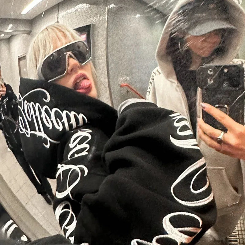 American Winter Sweatshirt Y2k Gothic Hip Hop Couple Hoodies Print Harajuku Zip Up Oversized Punk Grunge Black Jacket