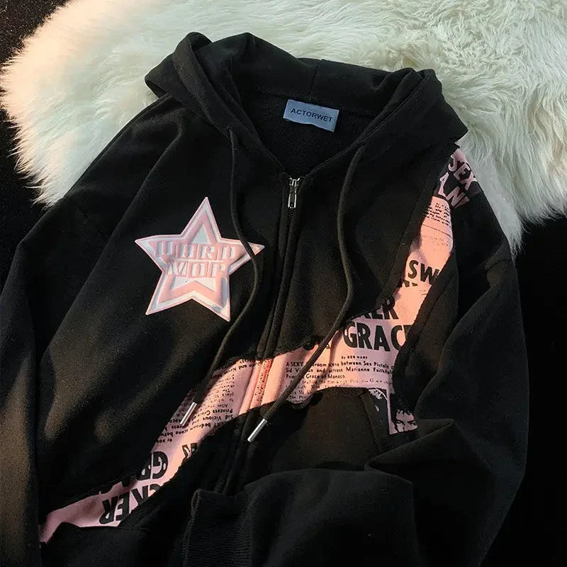 Harajuku Vintage Zip Up Hoodies Y2K Hip Hop Letter Print Sweatshirts Gothic Streetwear Loose Patchwork Tops Hip Hop Coats