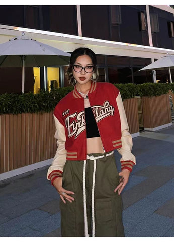 Voguable Pu Leather Letter Print Zipper Long Sleeve Loose Patchwork Jacket Winter Streetwear Outfits Y2K