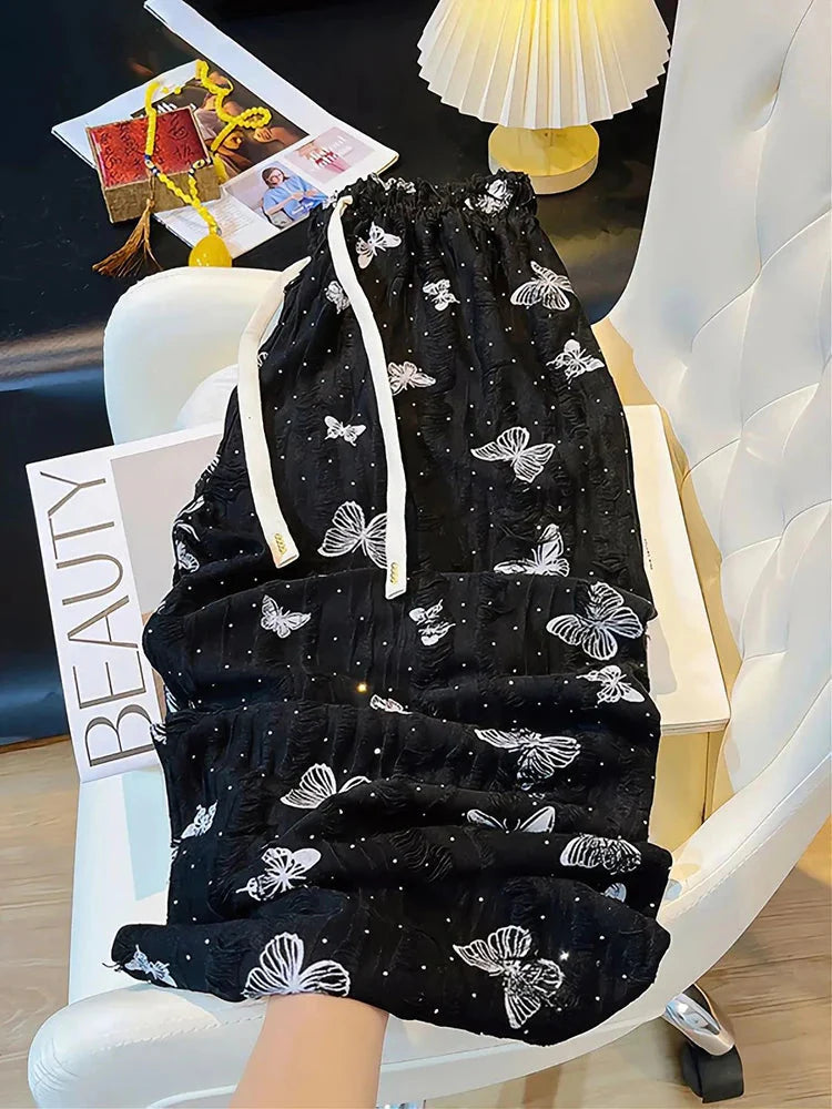 High Waist Wide Leg Pants Loose Butterfly Print FeCasual Pants Y2K Korean Drawstring Floor Length Trousers