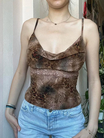 Voguable Leopard Print Lace Frill V-neck Crop Top Backless Camisole Y2K Aesthetic Vintage Mini Vest FeCoquette
