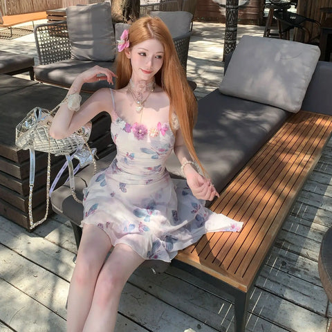 Voguable Sweet Floral Party Mini Dress Korean Printing Floral Y2k Dress FeSlim Chic Strap Beach Designer Dress