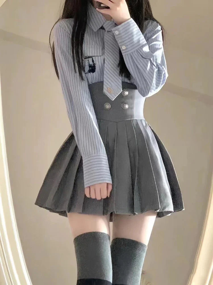Voguable  Elegant 3 Piece Set Skirt Woman Stripe Shirt + High Waist Y2k Mini Skirt + Short Coat Suit Preppy Style Summer