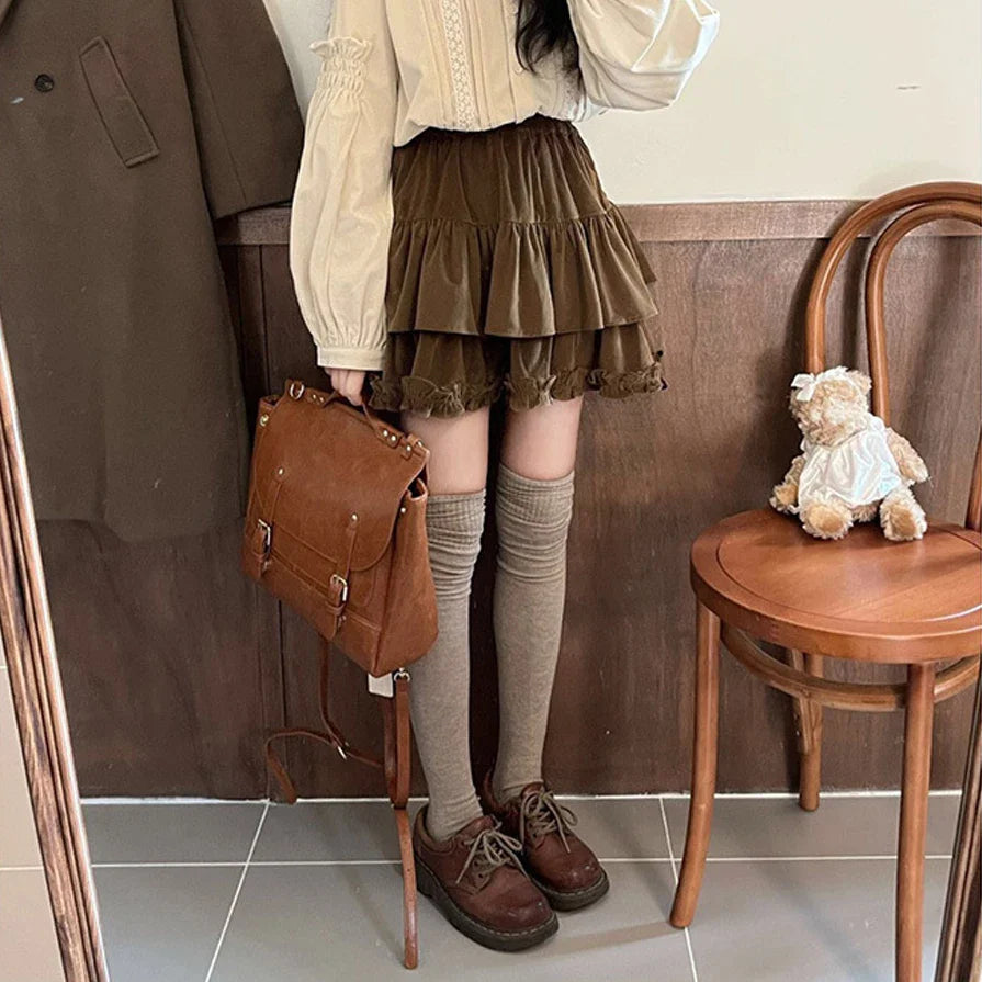 Voguable 90s Winter Ruffle Brown Kawaii Lolita Pleated Skirt Fairy Y2k Mini Skirt FeKorean Cute Mini Cake Casual Skirt