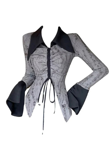 Fall Dark Academia Y2k Streetwear Gyaru Contrast Color Long Sleeve Lapel T-Shirt Gyaru Design 2000s Aesthetic Grunge Top