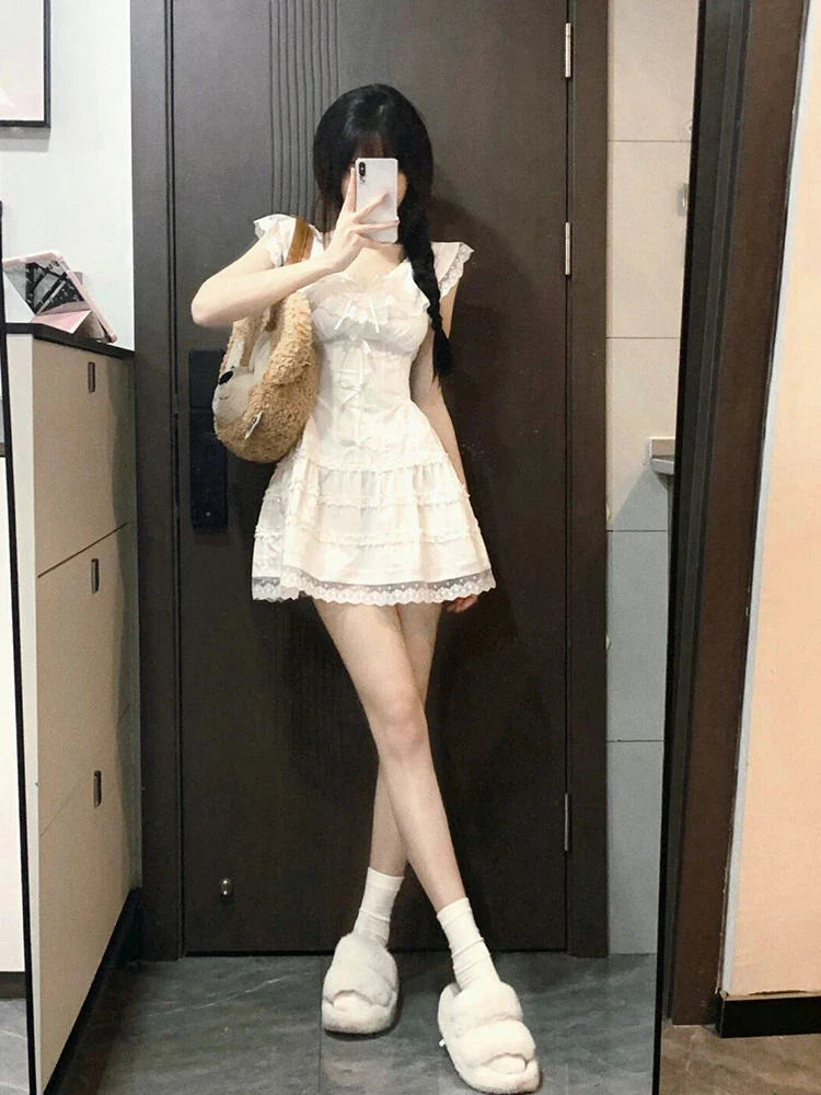 Voguable Y2k Coquette White Lolita Sweet White Kwaii Cute Mini Dress Lace Bow Princess Slip Lace Short Dresses Fashion