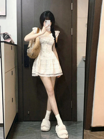 Voguable Y2k Coquette White Lolita Sweet White Kwaii Cute Mini Dress Lace Bow Princess Slip Lace Short Dresses Fashion