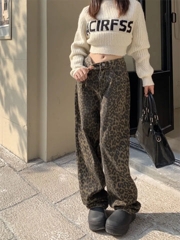 Voguable Vintage Leopard Print Pantalon Femme Wide Leg Pants High Waist Straight Y2k Jeans Casual Korean  Jean Trousers