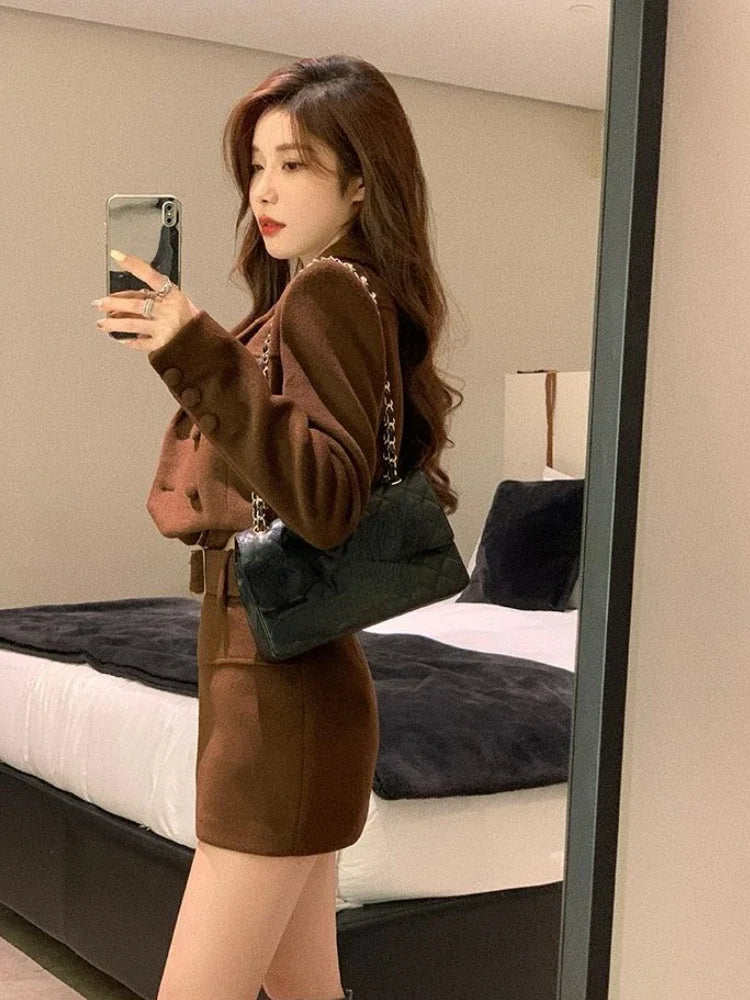 Voguable Warm Short Coat + Slim Vest + Bodycon Y2k Mini Skirt Korean 3 Piece Set Elegant Clothing Woman Chic