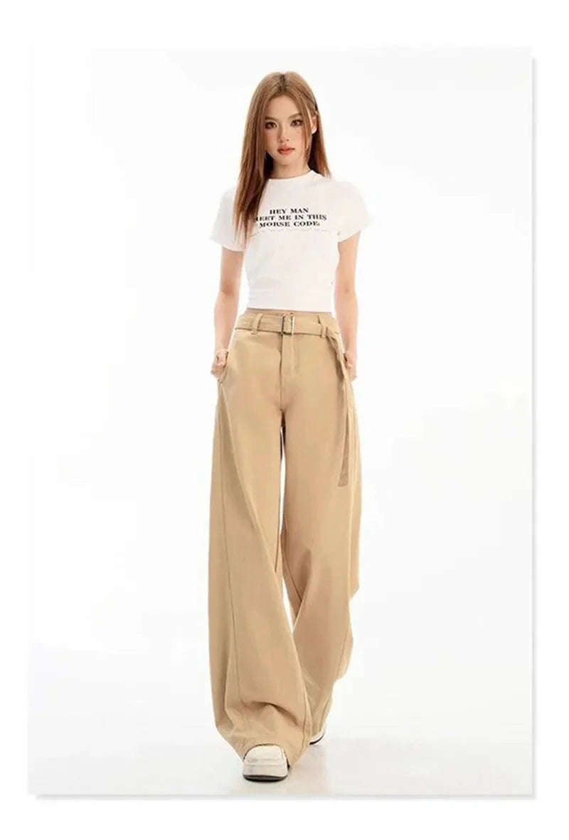 Belt Retro Khaki Jeans Y2K High Waist Loose Streetwear Denim Pants Casual American Vintage Wide Leg Trousers