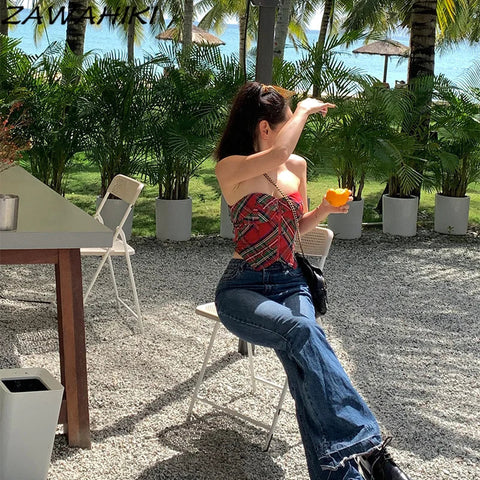 Tank Top American Retro Strapless Tube Slim Y2K Aesthetic Zipper Designed Vintage Plaid Patchworl Streetwear