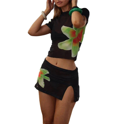 y2k Outfits 2 Piece Set Floral Print Short Sleeve Tank Top and Short Skirt 2000s Aesthetic Clothing Streetwear