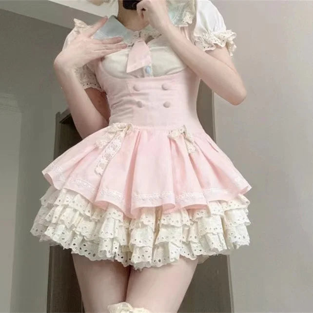 Voguable Kawaii Japanese Style 2 Piece Set Casual Blouse + Sweet Pink Y2k Mini Skirt Lace Lolita Suit Woman Design New