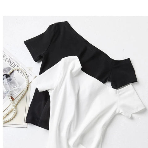 Solid Off Shoulder Short Sleeve T Shirt Simple Basic Single Sleeved Jumper Top Streetwear Slim Fit FeY2K Clothes Tees
