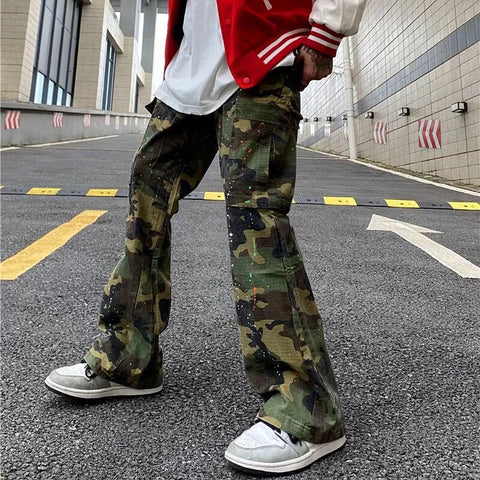 Y2K Ink Graffiti Baggy Tracksuit Cargo Flare Pants Joggers Camouflage Casual Long Trousers Ropa Hombre