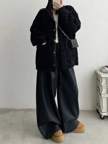 Black Pu Leather Pants Y2K Korean Elegant Drawstring Wide Leg Trousers High Waist Oversized Streetwear Trousers
