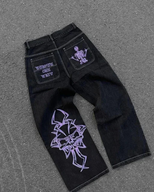 Vintage Raw Edge Embroidery Denim Pants Streetwear Distressed Patchwork Baggy Jeans for Y2k Straight Wide Leg Trousers