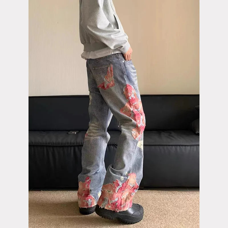 Hip Hop Ripped Wide Leg Trousers American casual jeans  Y2K washed distressed High Waist Baggy Straight demin pants