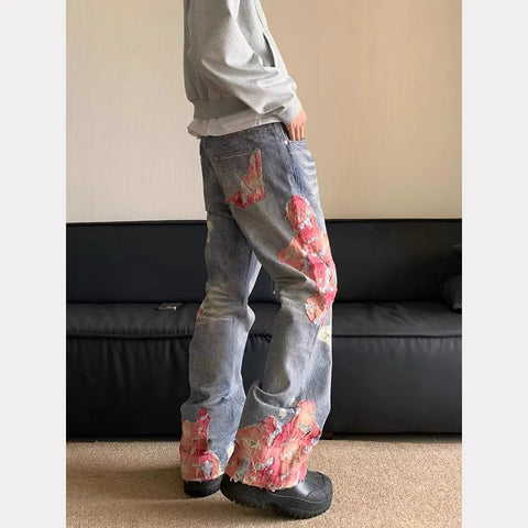 Hip Hop Ripped Wide Leg Trousers American casual jeans  Y2K washed distressed High Waist Baggy Straight demin pants