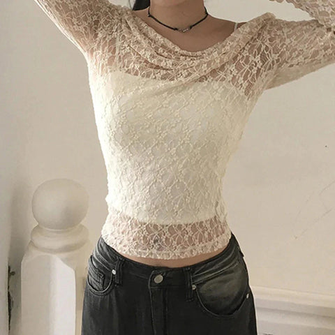 Transparent Lace Crop Top Asymmetrical Off-shoulder Long Sleeve Smock T-shirts Casual Tees y2k Vintage Tees