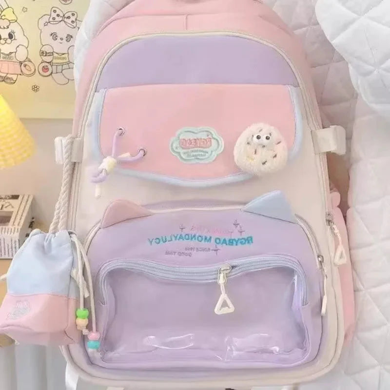 Transparent Sweet Kawaii Backpack High-capacity Y2k Aesthetic Schoolbag Students Contrast Color Patchwork Ita Bags