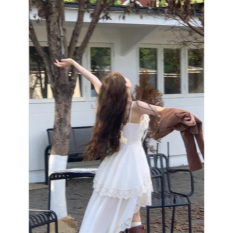 Voguable Y2K 2000S Irregular Midi Dress Fairy Lace Patchwork Strap One Pieces Dresses Vacation Korean Bodycon Vestidos