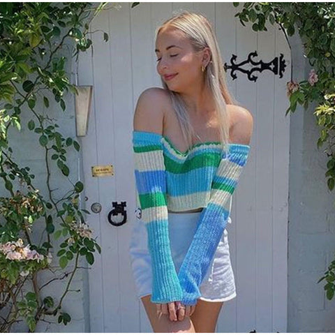 Voguable Knitted Y2K Clothes Crop Top Colored Striped Off The Shoulder T shirts Long Sleeve Trendy Short WoTops