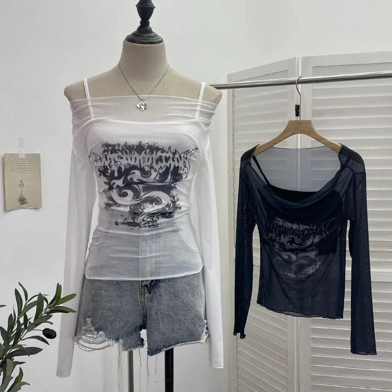 Slash Neck Mesh Sunscreen T Shirt Y2K Streetwear Print Long Sleeve Patchwork Camis Suit Folds Slim All Match Tees