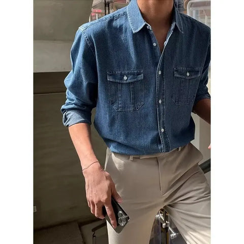 Harajuku Casual Wash To Do Old Denim Shirt Y2k Korean Version Loose High-Grade Long-Sleeved Cargo Shirt Trend