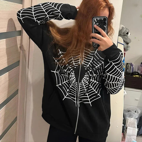 Y2k Rhinestone Skeleton Hoodies Gothic Black Zip Up Oversized Sweatshirts FeRetro Harajuku Hooded Jackets Streetwear
